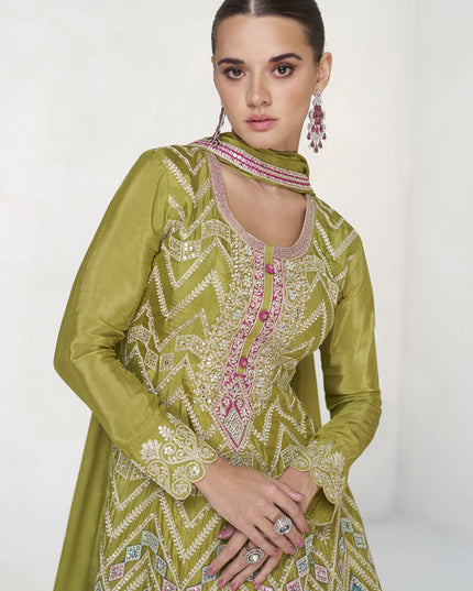 Lime Green Chinnon Embroidered Palazzo Kameez