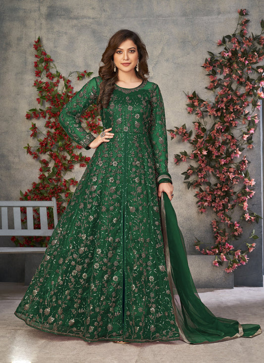 Bottle Green Net Embroidered Pant Kameez