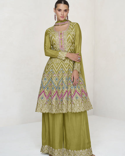 Lime Green Chinnon Embroidered Palazzo Kameez