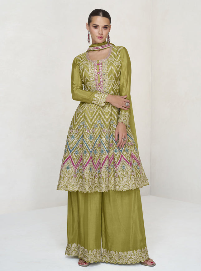 Lime Green Chinnon Embroidered Palazzo Kameez