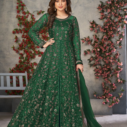 Bottle Green Net Embroidered Pant Kameez