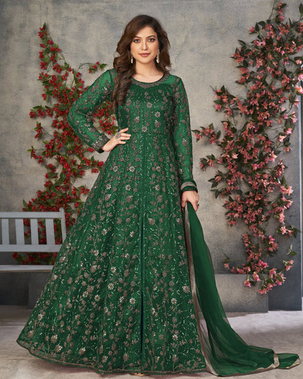 Bottle Green Net Embroidered Pant Kameez