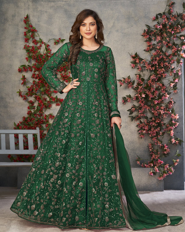 Bottle Green Net Embroidered Pant Kameez