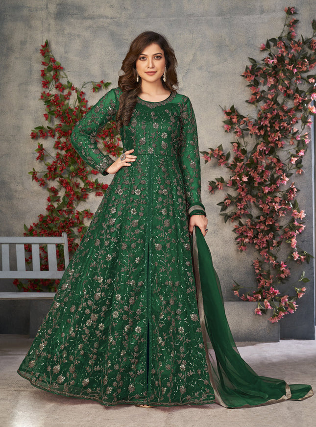 Bottle Green Net Embroidered Pant Kameez