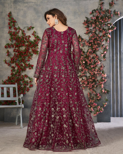 Maroon Net Embroidered Pant Kameez