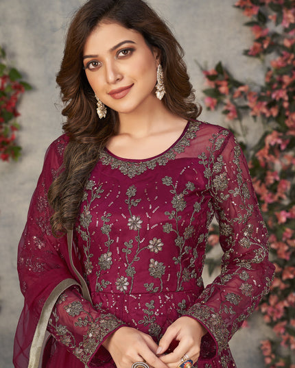 Maroon Net Embroidered Pant Kameez