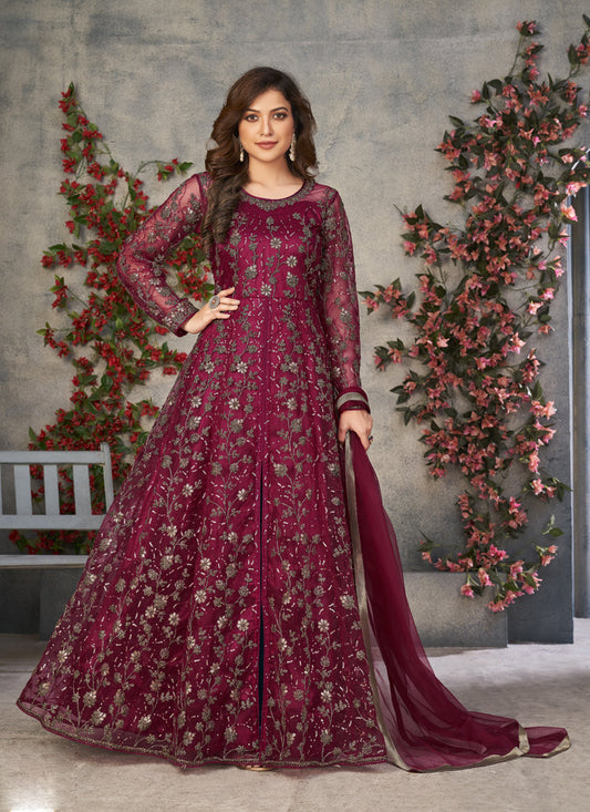 Maroon Net Embroidered Pant Kameez