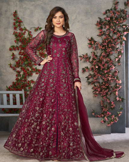 Maroon Net Embroidered Pant Kameez