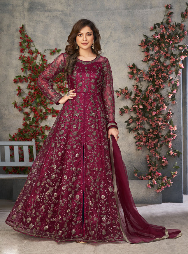 Maroon Net Embroidered Pant Kameez