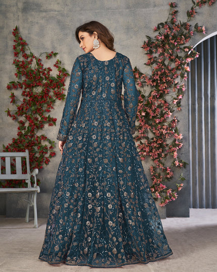 Peacock Blue Net Embroidered Pant Kameez