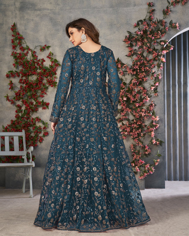 Peacock Blue Net Embroidered Pant Kameez