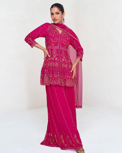 Rani Pink Real Georgette Embroidered Sharara Kameez Suit