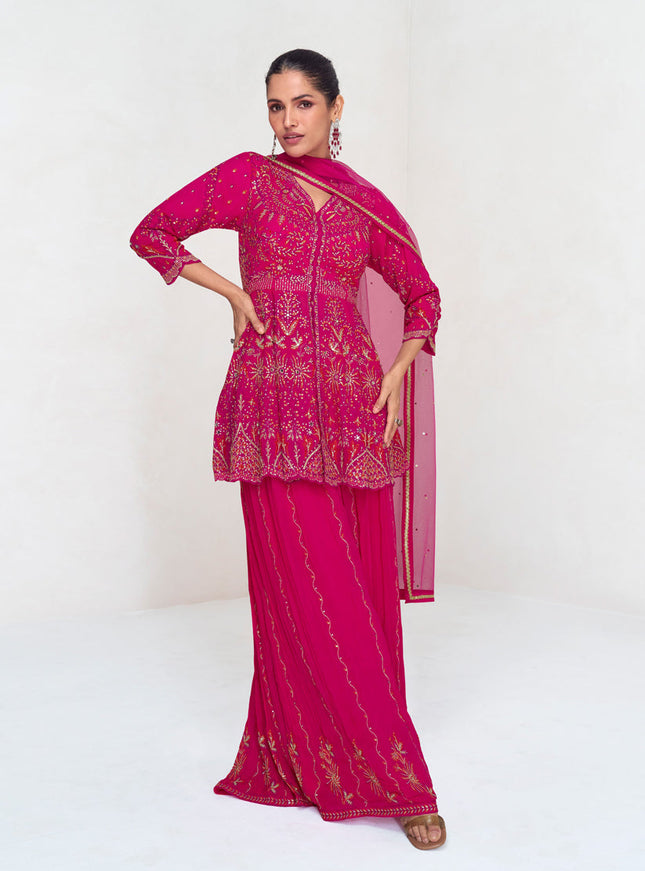 Rani Pink Real Georgette Embroidered Sharara Kameez Suit