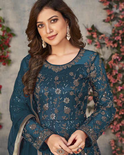 Peacock Blue Net Embroidered Pant Kameez