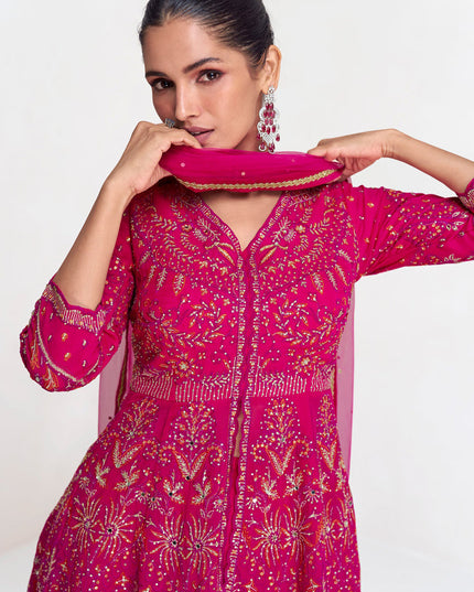 Rani Pink Real Georgette Embroidered Sharara Kameez Suit