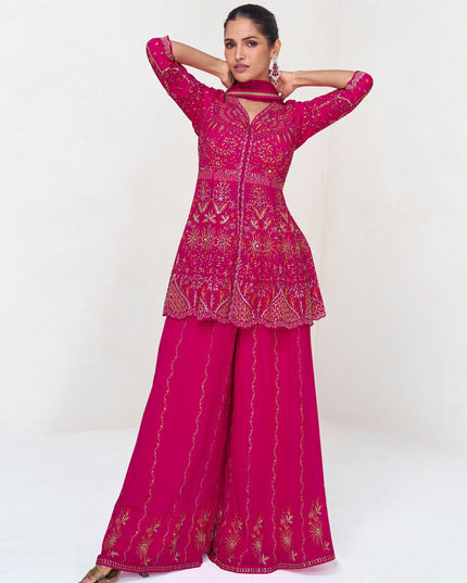 Rani Pink Real Georgette Embroidered Sharara Kameez Suit