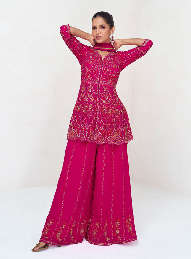 Rani Pink Real Georgette Embroidered Sharara Kameez Suit