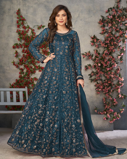Peacock Blue Net Embroidered Pant Kameez