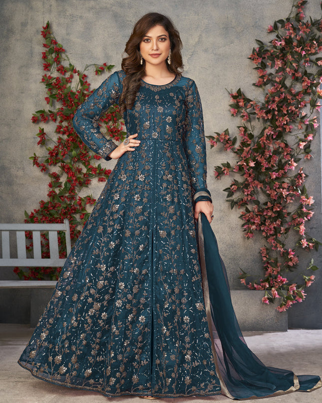 Peacock Blue Net Embroidered Pant Kameez