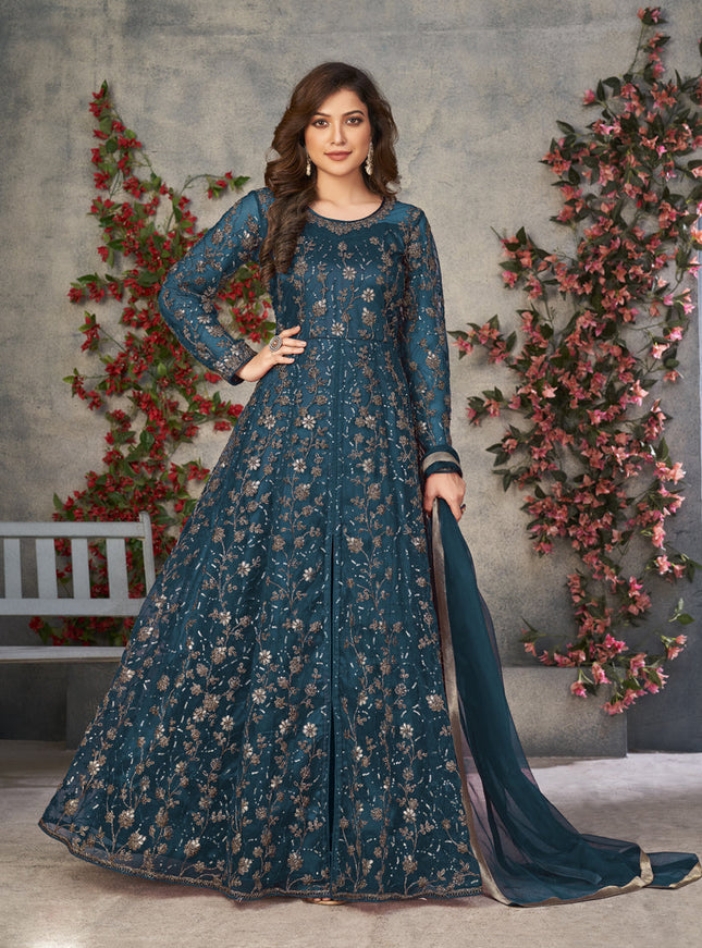 Peacock Blue Net Embroidered Pant Kameez