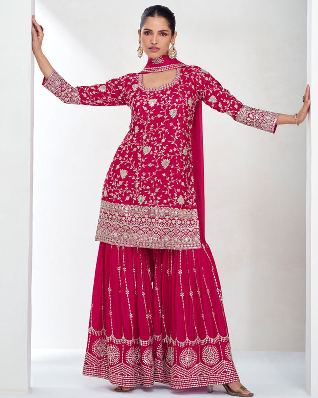 Rani Pink Chinnon Silk Designer Sharara Kameez Suit