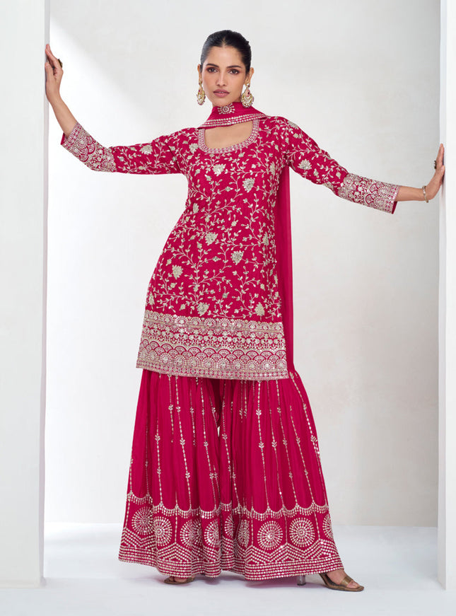 Rani Pink Chinnon Silk Designer Sharara Kameez Suit