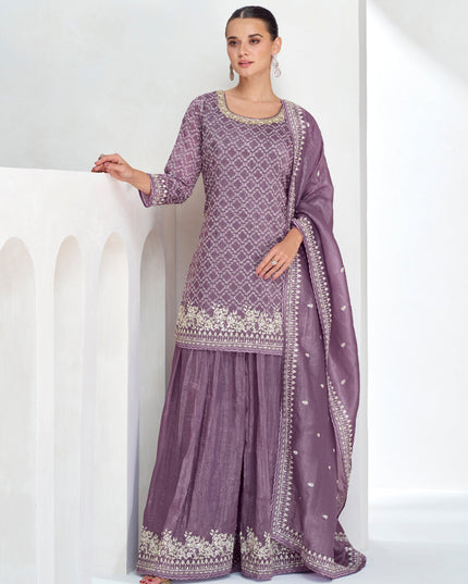 Mauve Chinnon Silk Designer Sharara Kameez Suit