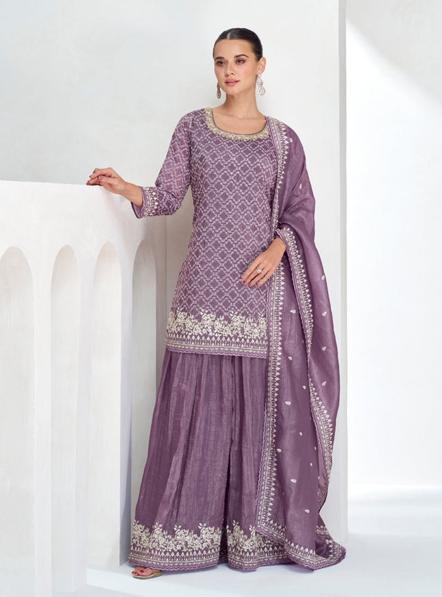 Mauve Chinnon Silk Designer Sharara Kameez Suit
