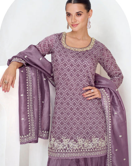 Mauve Chinnon Silk Designer Sharara Kameez Suit