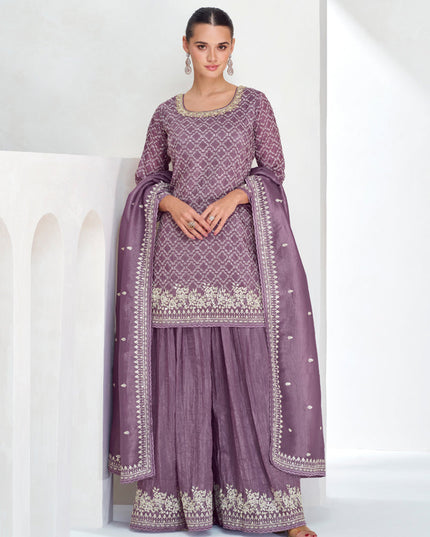 Mauve Chinnon Silk Designer Sharara Kameez Suit