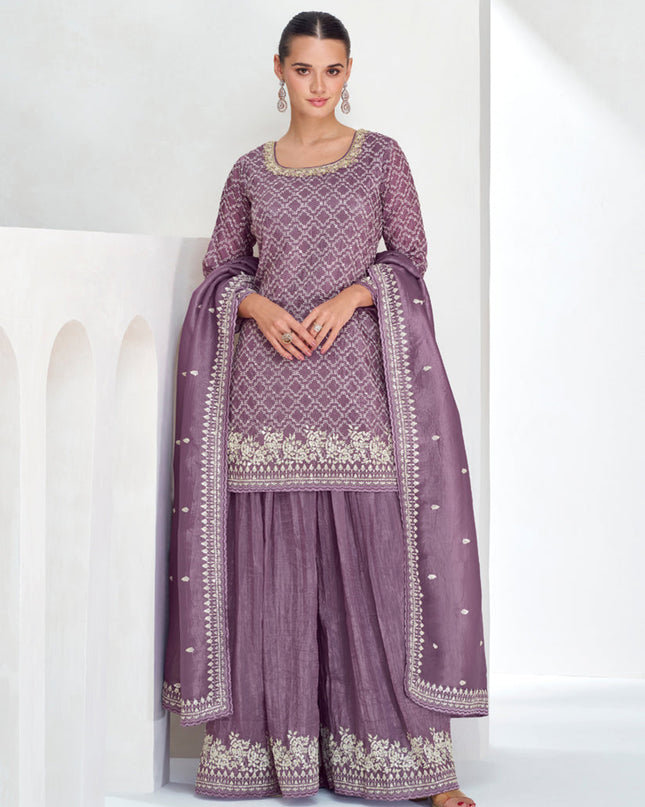 Mauve Chinnon Silk Designer Sharara Kameez Suit
