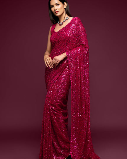 Spectacular Hot Pink Georgette Thread and Sequins Embroidery Saree