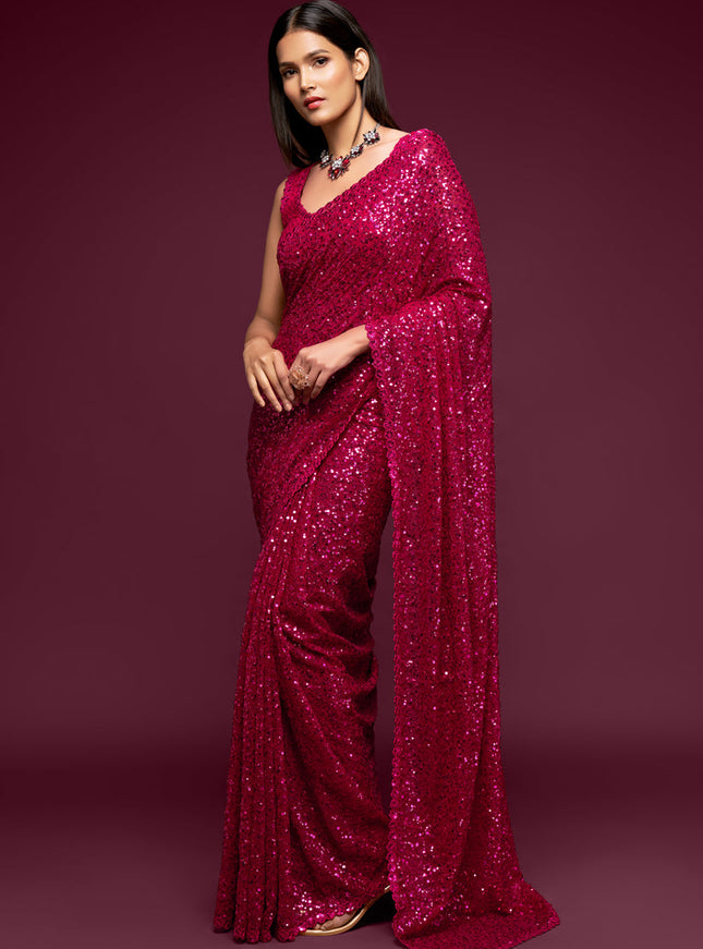 Spectacular Hot Pink Georgette Thread and Sequins Embroidery Saree