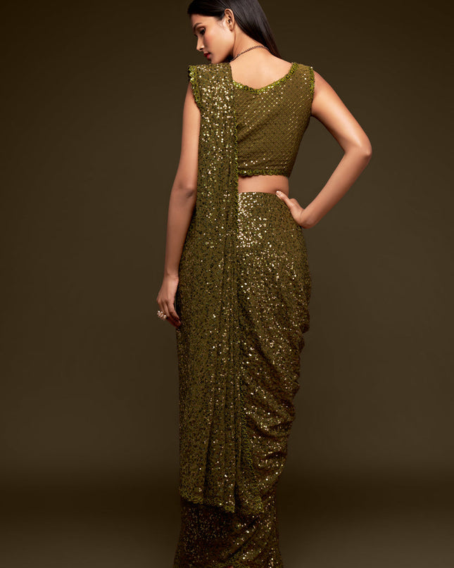 Astonishing Olive Green Georgette Thread and Sequins Embroidery Saree