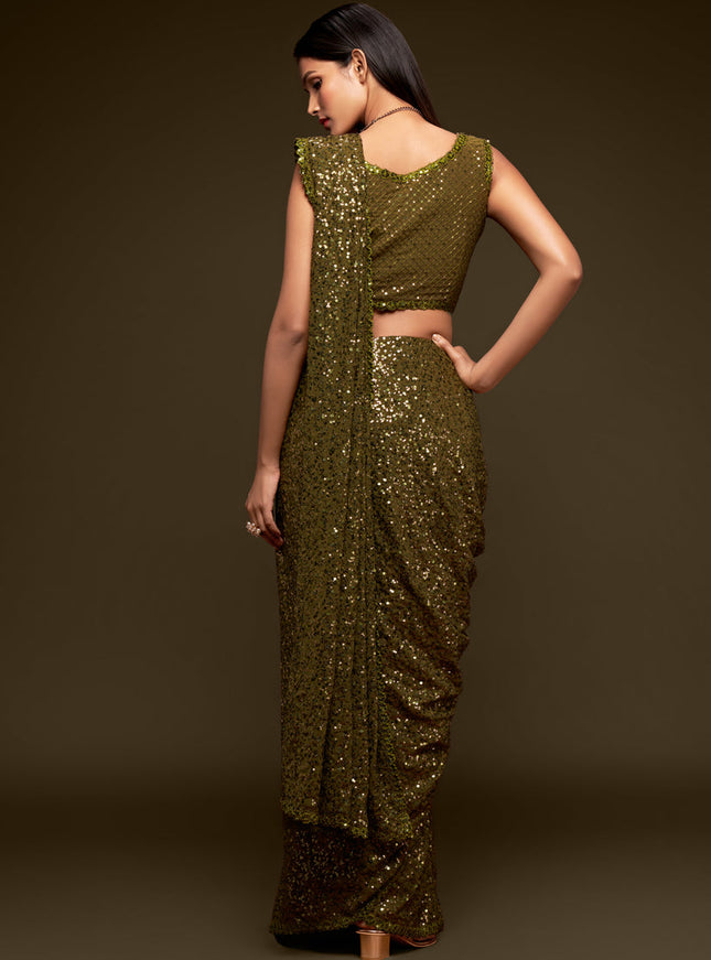 Astonishing Olive Green Georgette Thread and Sequins Embroidery Saree