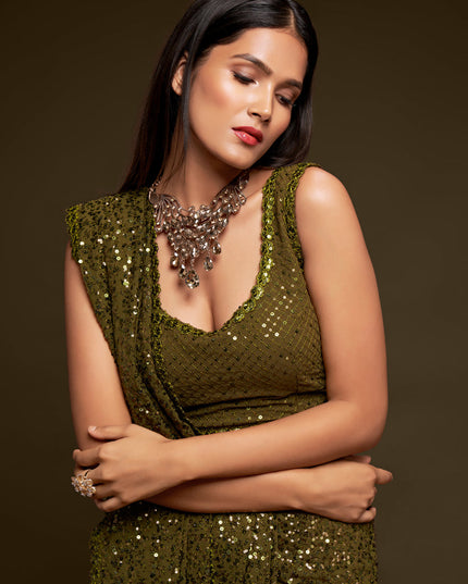 Astonishing Olive Green Georgette Thread and Sequins Embroidery Saree