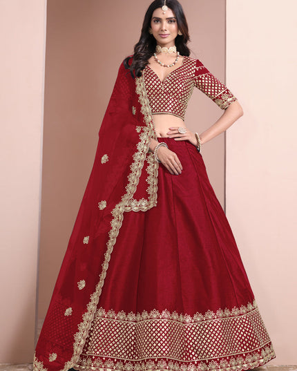 rust red art silk embroidered lehenga choli for wedding