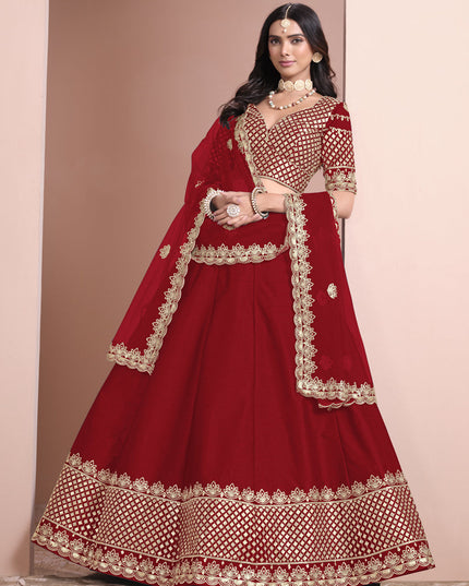rust red art silk embroidered lehenga choli for wedding