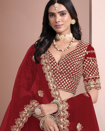 rust red art silk embroidered lehenga choli for wedding