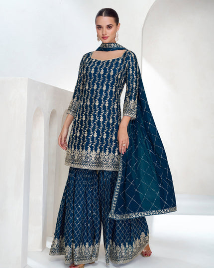 Peacock Blue Chinnon Silk Designer Sharara Kameez Suit