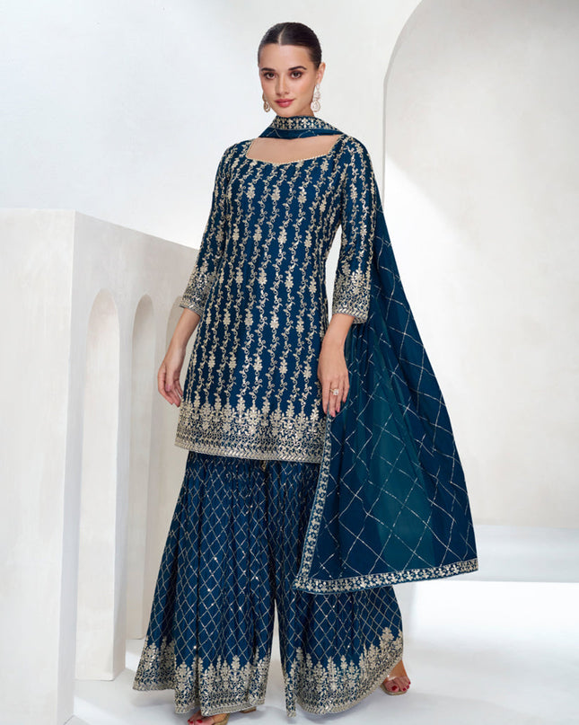 Peacock Blue Chinnon Silk Designer Sharara Kameez Suit
