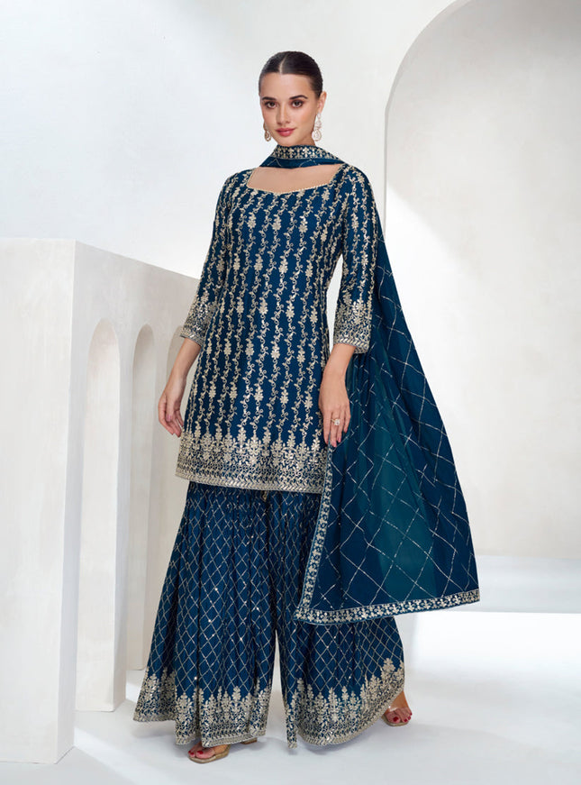 Peacock Blue Chinnon Silk Designer Sharara Kameez Suit