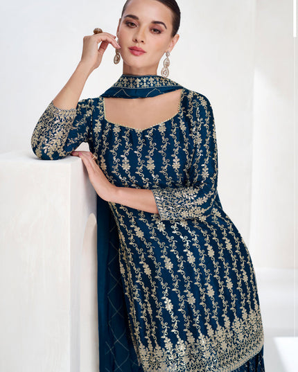 Peacock Blue Chinnon Silk Designer Sharara Kameez Suit