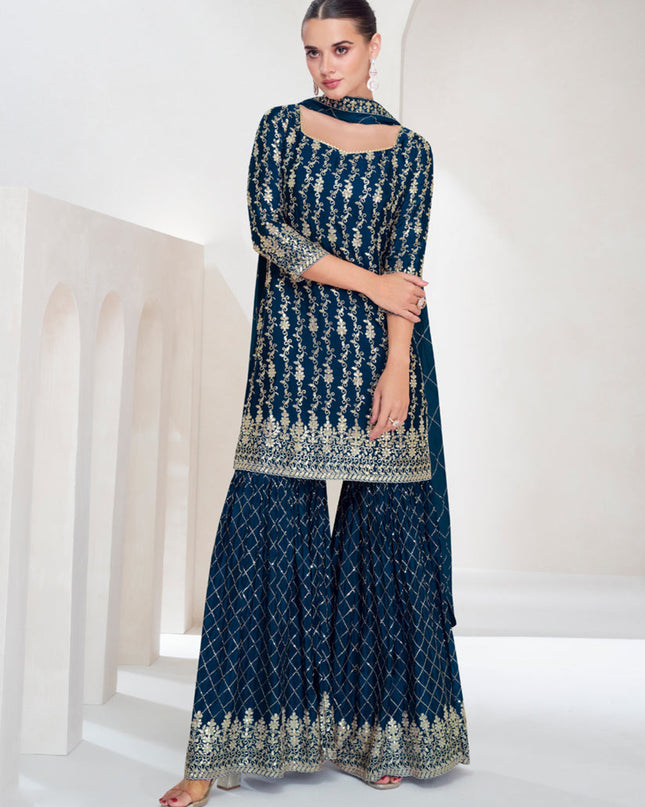 Peacock Blue Chinnon Silk Designer Sharara Kameez Suit