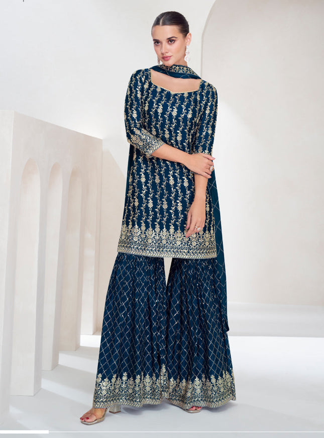 Peacock Blue Chinnon Silk Designer Sharara Kameez Suit