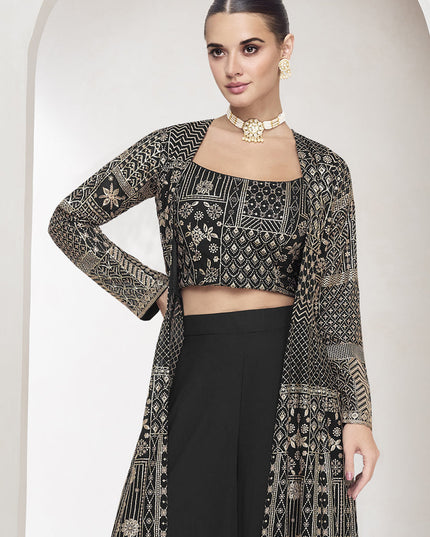 Charcoal Black Georgette Embroidered Designer IndoWestern
