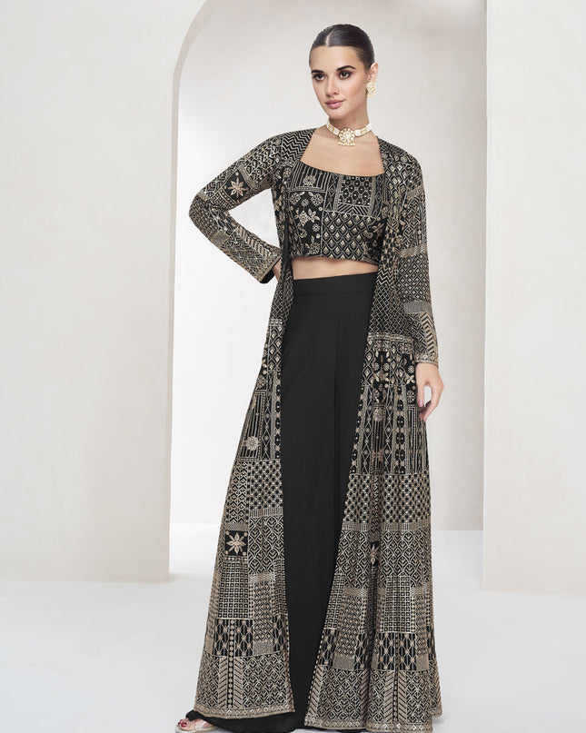 Charcoal Black Georgette Embroidered Designer IndoWestern