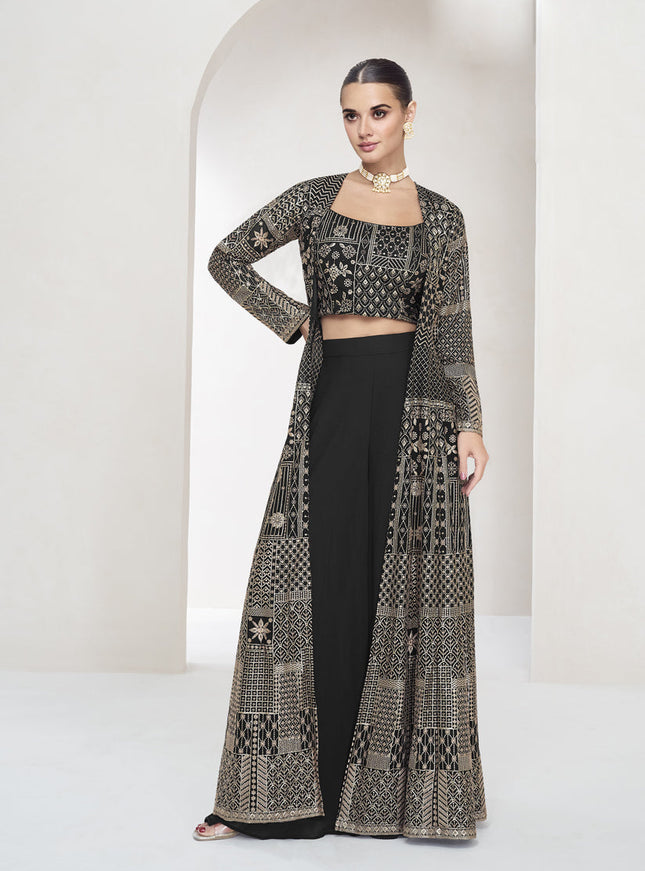 Charcoal Black Georgette Embroidered Designer IndoWestern