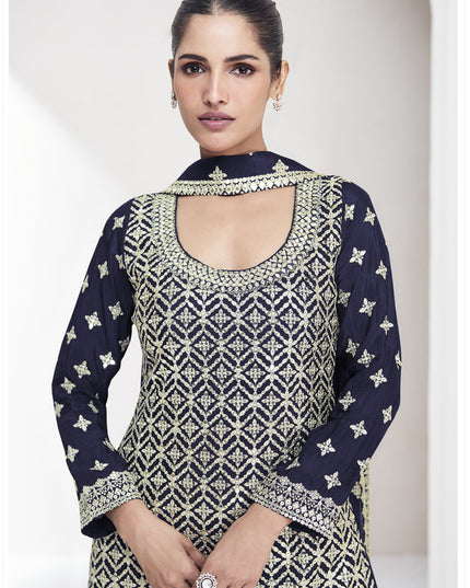 Navy Blue Chinnon Silk Zari Embroidered Palazzo Kameez