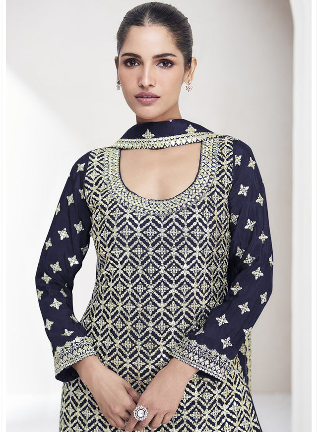 Navy Blue Chinnon Silk Zari Embroidered Palazzo Kameez